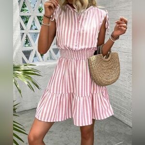 NEW Cabana Stripe Tie Sleeve Short Dress Pink White Cotton Blend